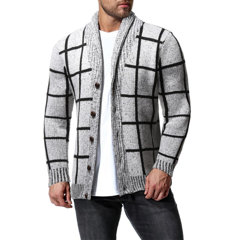 Vinterfärg Matchande Rutig Cardigan Tröja För Män