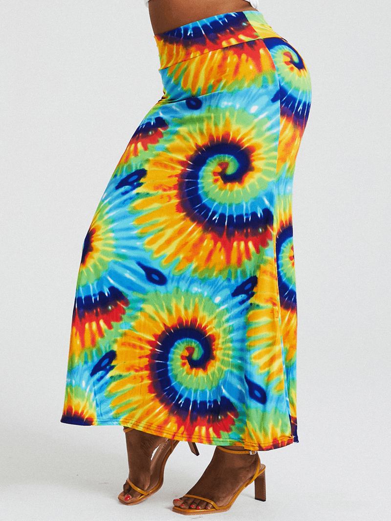 Bohemia Tie Dye Med Tryck Hög Midja Skinkor Bodycon Lång Kjol