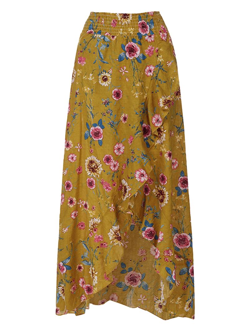 Bohemian Beach Floral Med Tryck Elastisk Midja Volang Hem Maxi Kjolar