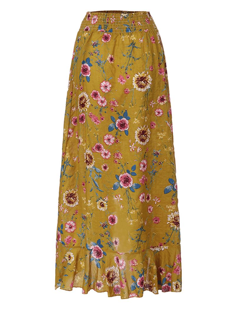 Bohemian Beach Floral Med Tryck Elastisk Midja Volang Hem Maxi Kjolar
