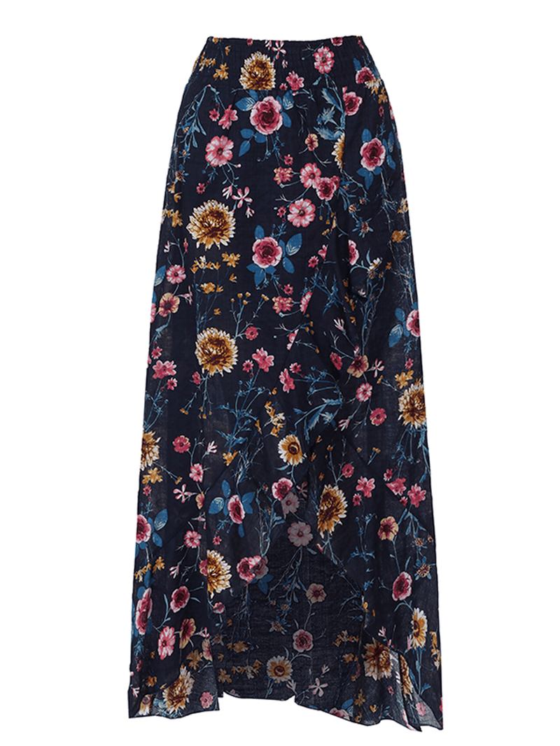 Bohemian Beach Floral Med Tryck Elastisk Midja Volang Hem Maxi Kjolar