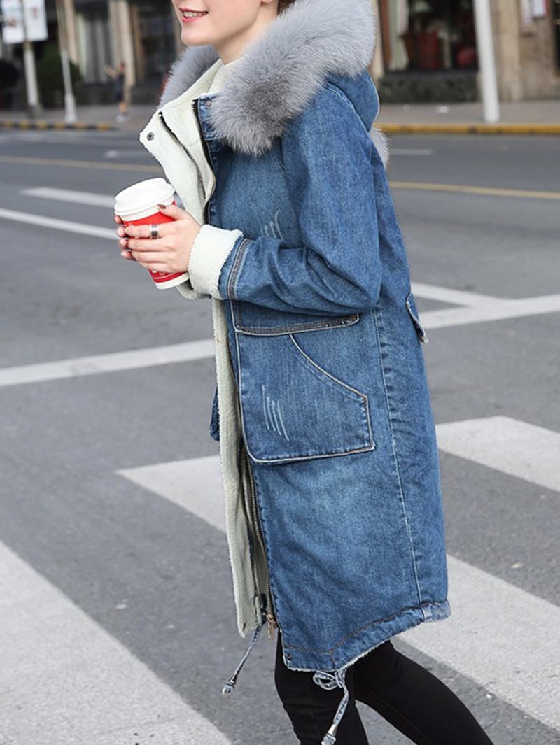 Casual Kvinnor Fuskpälskrage Dubbel Ficka Tjock Jeansjacka