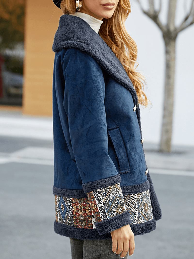 Casual Patch Med Tryck Faux Mocka Dubbelknäppt Vinterkappor