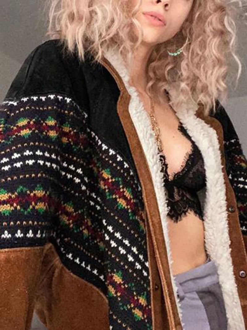 Dam Vintage Patchwork Tryckknapp Fleecefodrad Varma Långärmade Kappor Med Ficka