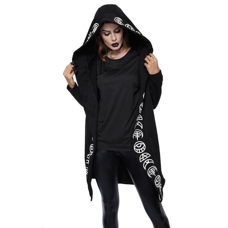 Höst Gothic Casual Cool Chic Black Plus Size Damtröjor Lösa Bomull Huvtröjor Enfärgat Tryck Punkhuvtröjor För Kvinnor