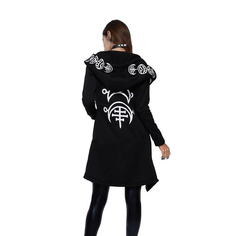 Höst Gothic Casual Cool Chic Black Plus Size Damtröjor Lösa Bomull Huvtröjor Enfärgat Tryck Punkhuvtröjor För Kvinnor