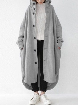 Kvinnor Enfärgad Button Down Front Pocket Mid-calf Lång Hoodie Jacka