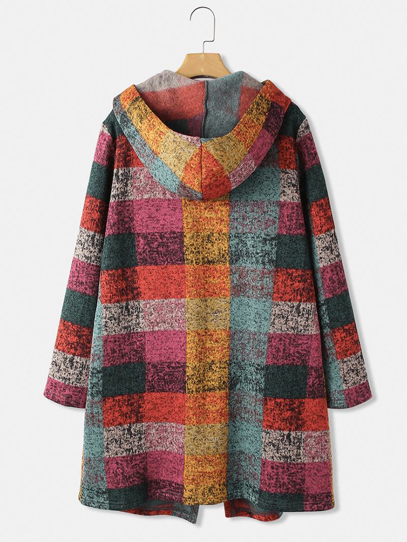 Kvinnor Färgglada Pläd Öppen Front Dubbel Ficka Casual Hooded Cardigan Kappor