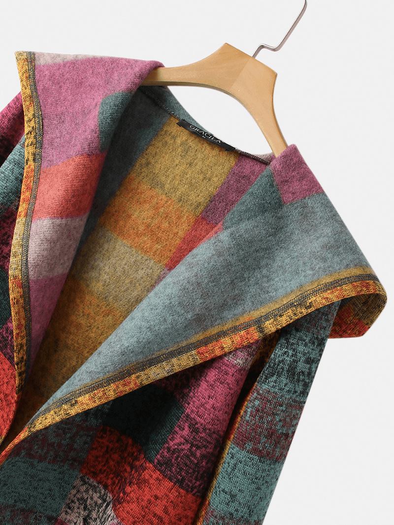 Kvinnor Färgglada Pläd Öppen Front Dubbel Ficka Casual Hooded Cardigan Kappor