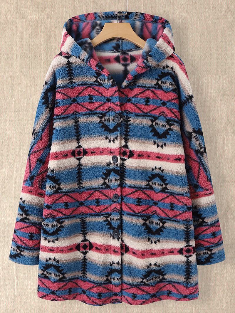 Kvinnor Fluffiga Etniska Mönster Pocket Home Wear Hooded Lamm Casual Jackor