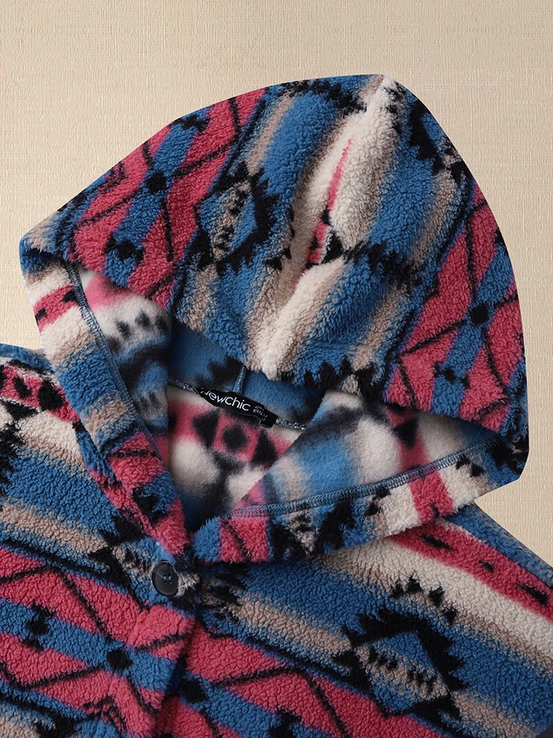 Kvinnor Fluffiga Etniska Mönster Pocket Home Wear Hooded Lamm Casual Jackor