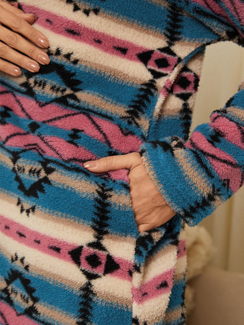 Kvinnor Fluffiga Etniska Mönster Pocket Home Wear Hooded Lamm Casual Jackor