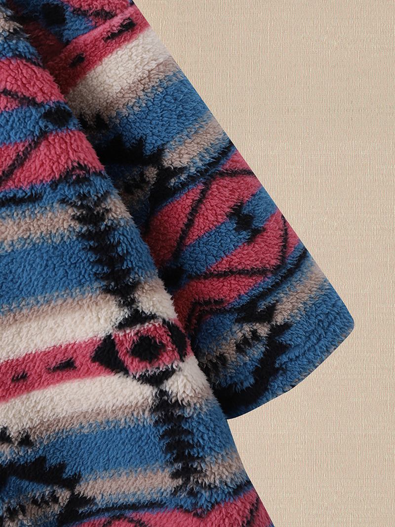 Kvinnor Fluffiga Etniska Mönster Pocket Home Wear Hooded Lamm Casual Jackor