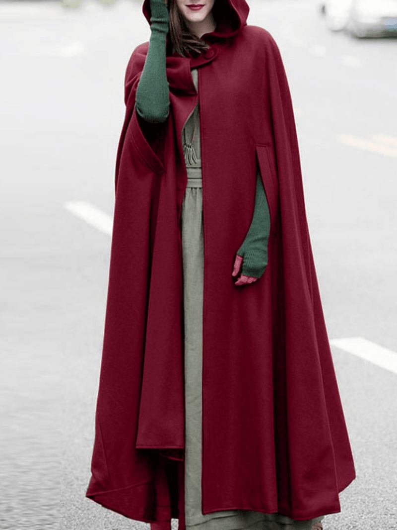 Kvinnor Hooded Style Ankel Längd Ull Lång Mantel Lösa Ärmlösa Kappor