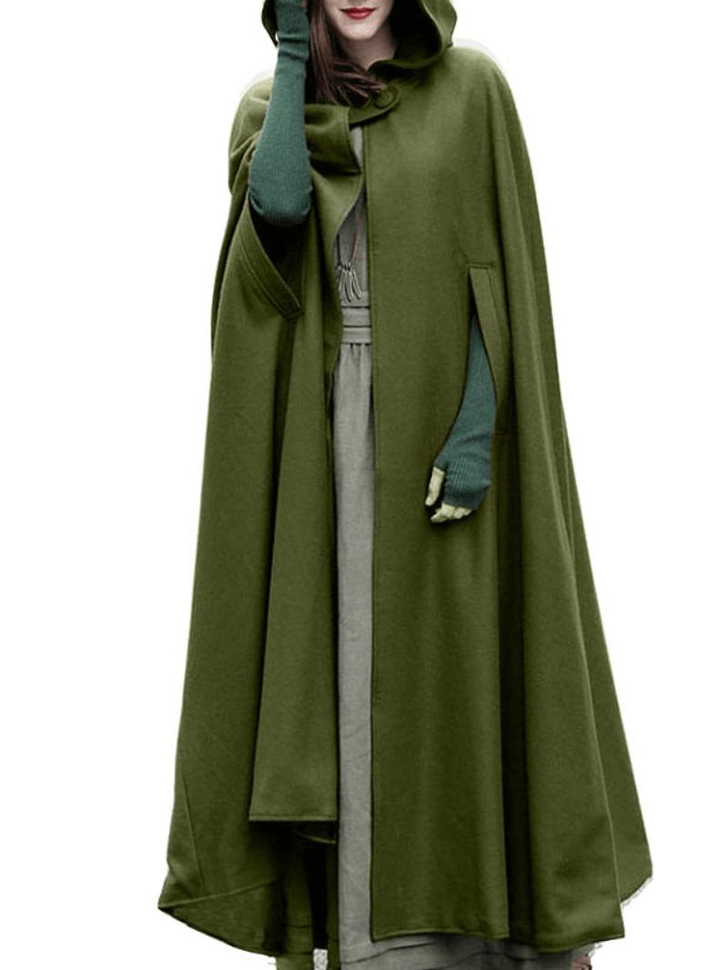 Kvinnor Hooded Style Ankel Längd Ull Lång Mantel Lösa Ärmlösa Kappor
