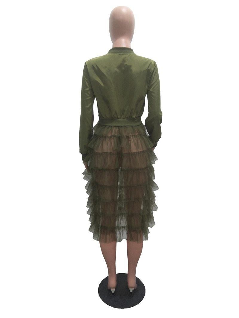 Kvinnor Jacka Långärmad Dragkedja Klänning Kappa Solid Mesh Spets Ruffle Patchwork Långa Ytterkläder Kvinnor Hem Maxi Ytterkläder