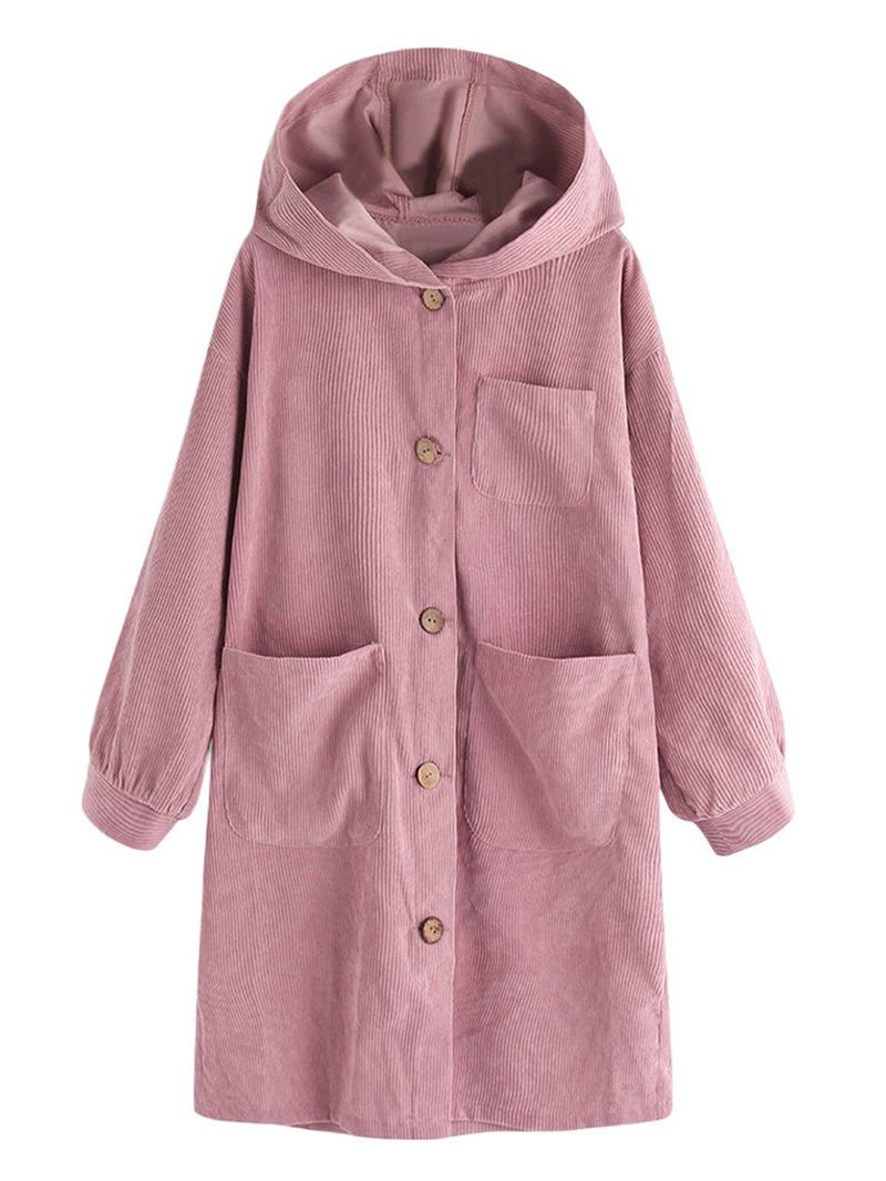 Kvinnor Långärmade Huvor Trench Corduroy Kappor
