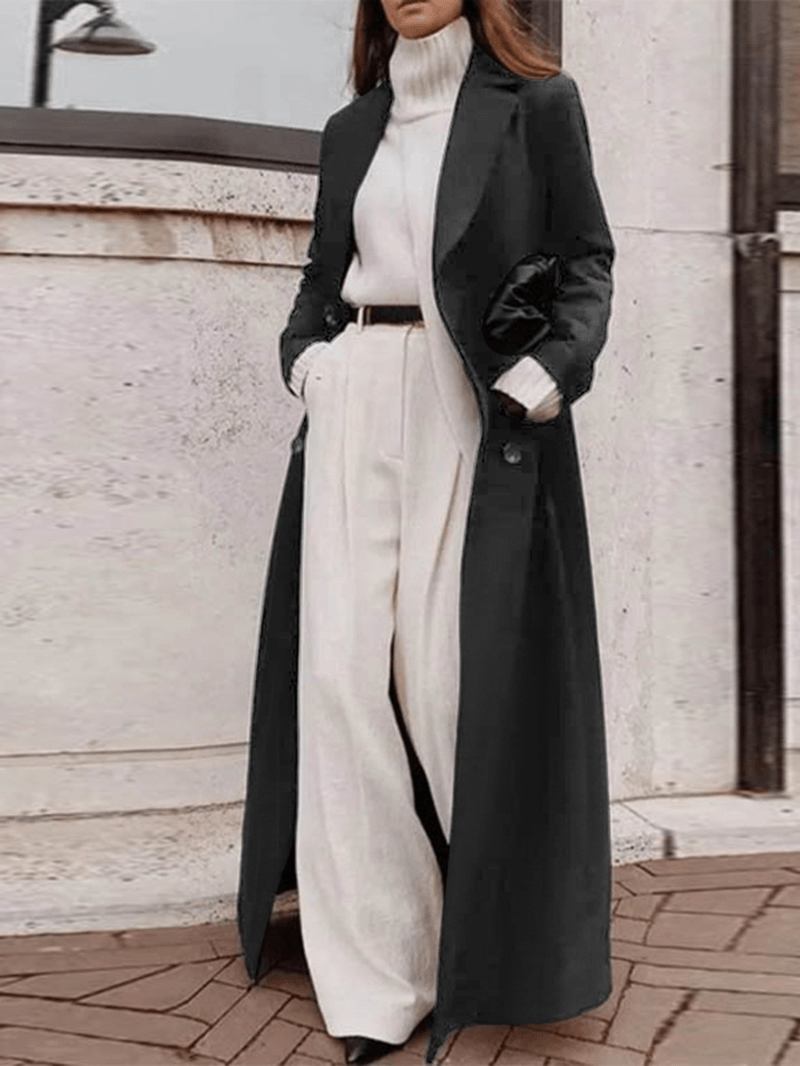 Kvinnor Ren Färg Lapel Långärmad Longline Button Casual Snygg Kappa