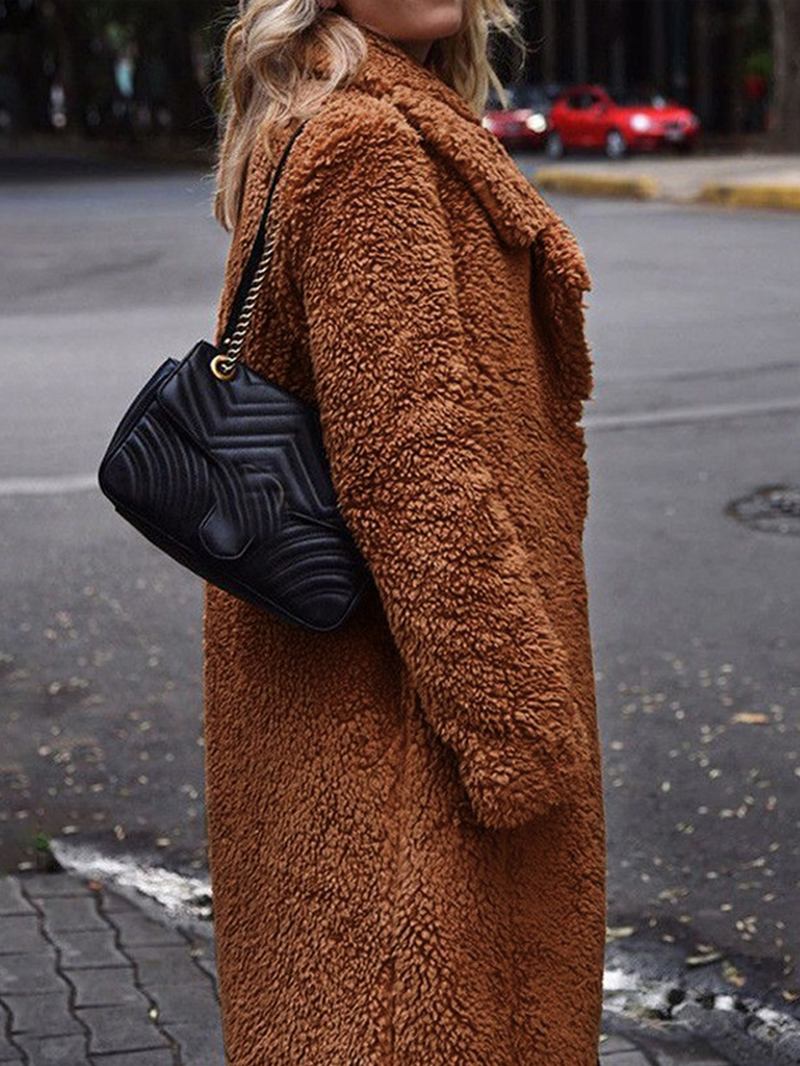 Kvinnor Vinter Tjock Fleece Lapel Mellanlängd Enfärgad Varm Casual Coat