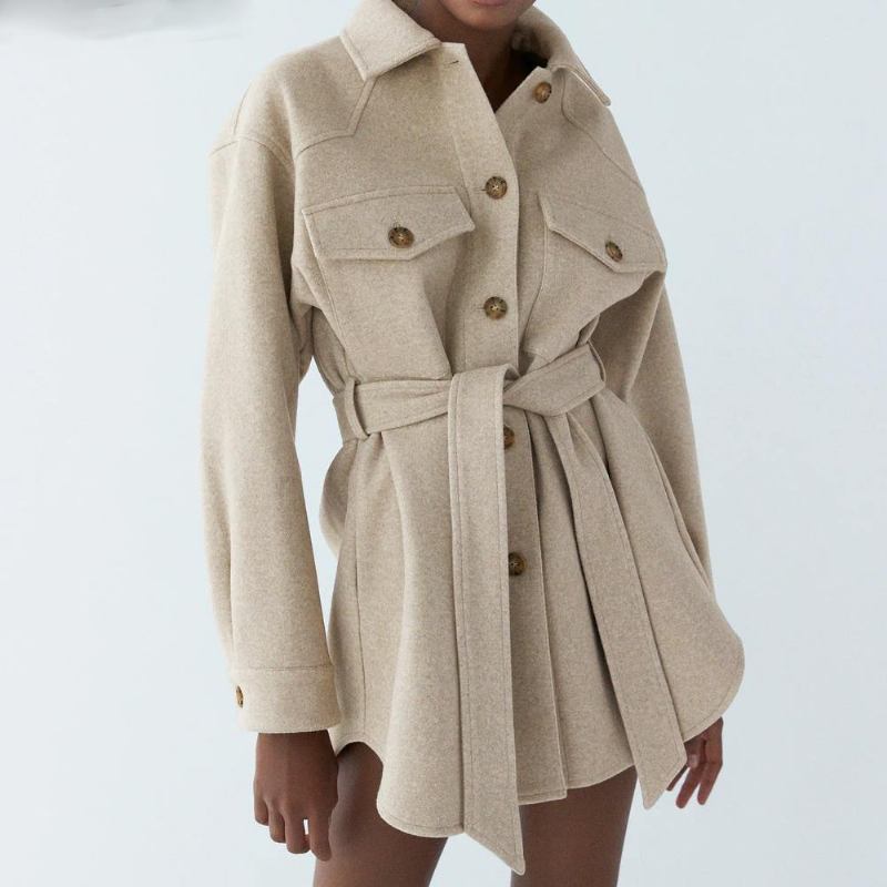 Mode Med Bälte Lös Yllejacka Kappa Vintage Långärmad Sidofickor Kvinnliga Ytterkläder Chic Överrock