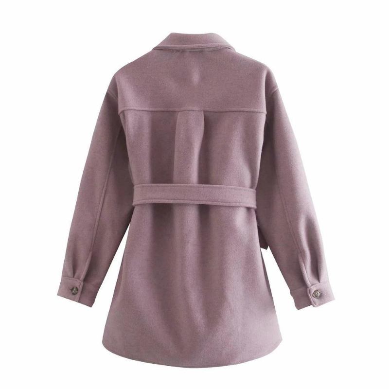 Mode Med Bälte Lös Yllejacka Kappa Vintage Långärmad Sidofickor Kvinnliga Ytterkläder Chic Överrock