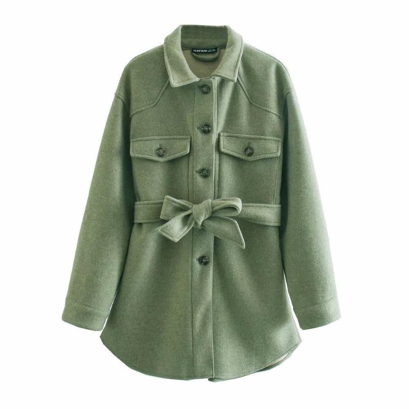 Mode Med Bälte Lös Yllejacka Kappa Vintage Långärmad Sidofickor Kvinnliga Ytterkläder Chic Överrock