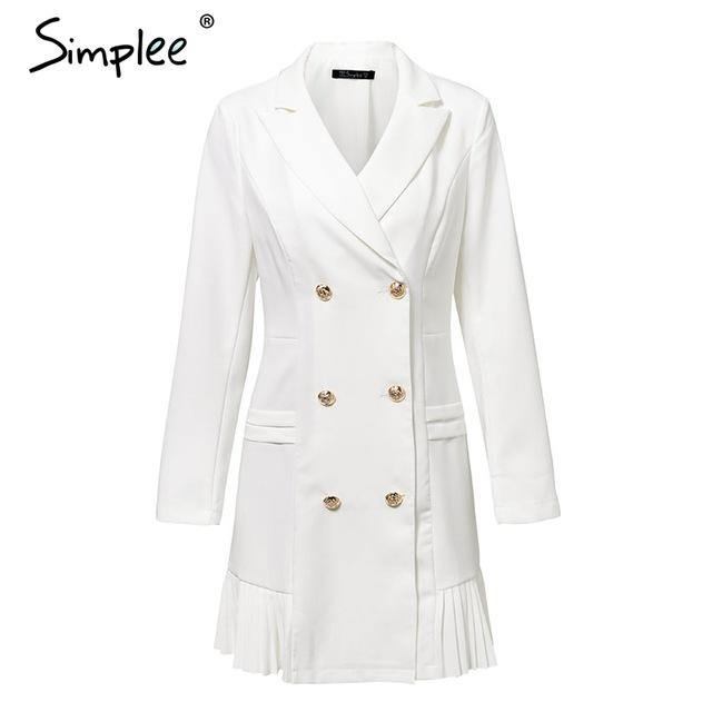 Simplee Elegant Volang Dubbelknäppt Damklänning Office Casual Blazer Vit Klänning Höstvinter Smal Kostym Damklänningar
