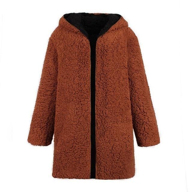 Teddyjacka Med Huva Rosa Pälsrock Dam Plus Size Lammull Lång Vinterkappa Hårig Fuskpälsjacka Kvinnlig Överrock