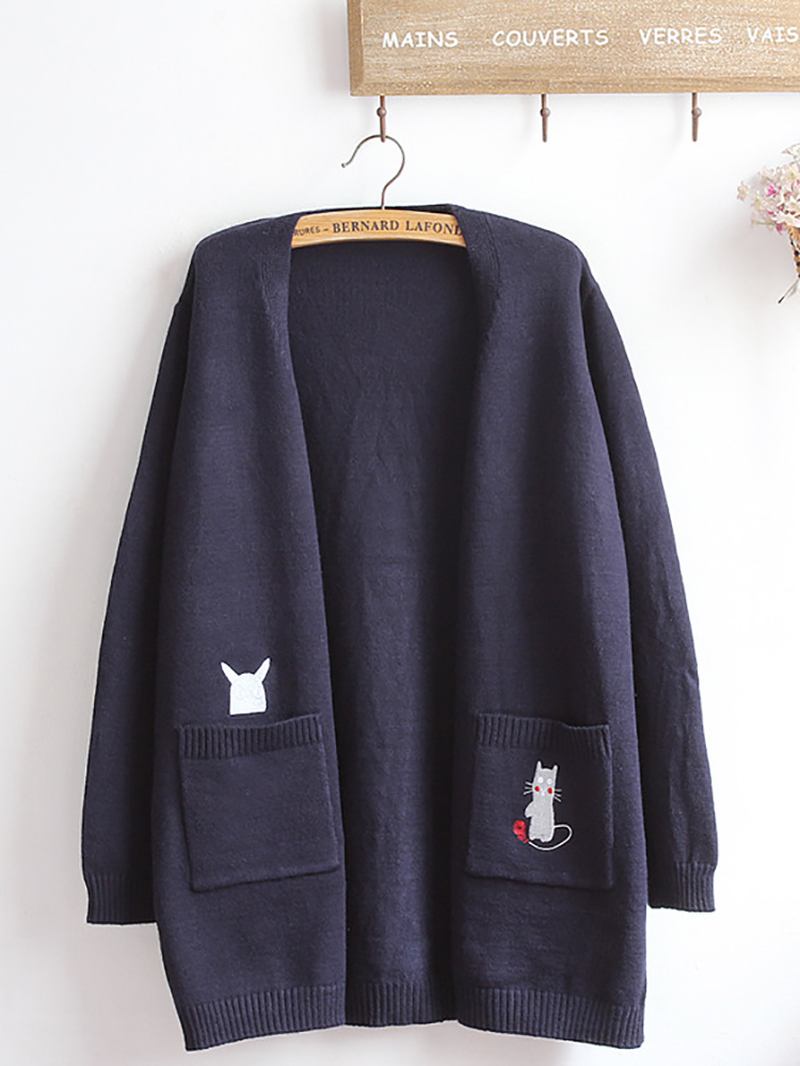 Broderi Katt Stickad Långtröja Cardigans