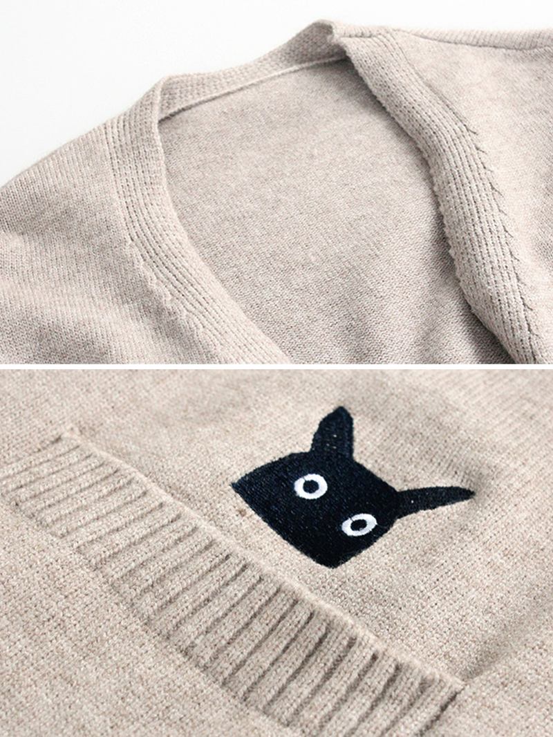 Broderi Katt Stickad Långtröja Cardigans