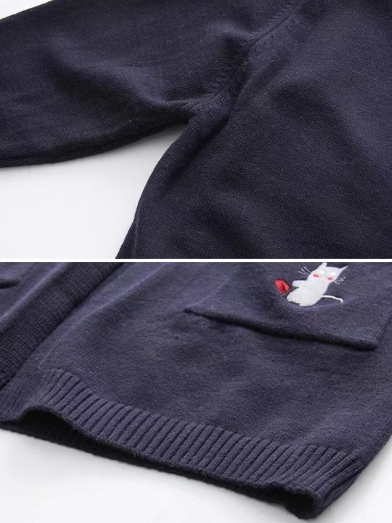 Broderi Katt Stickad Långtröja Cardigans