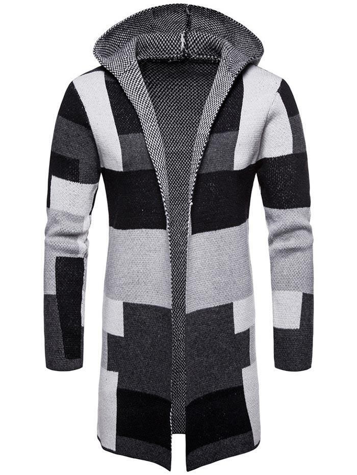 Color Block Collarless Hood Longline Cardigan