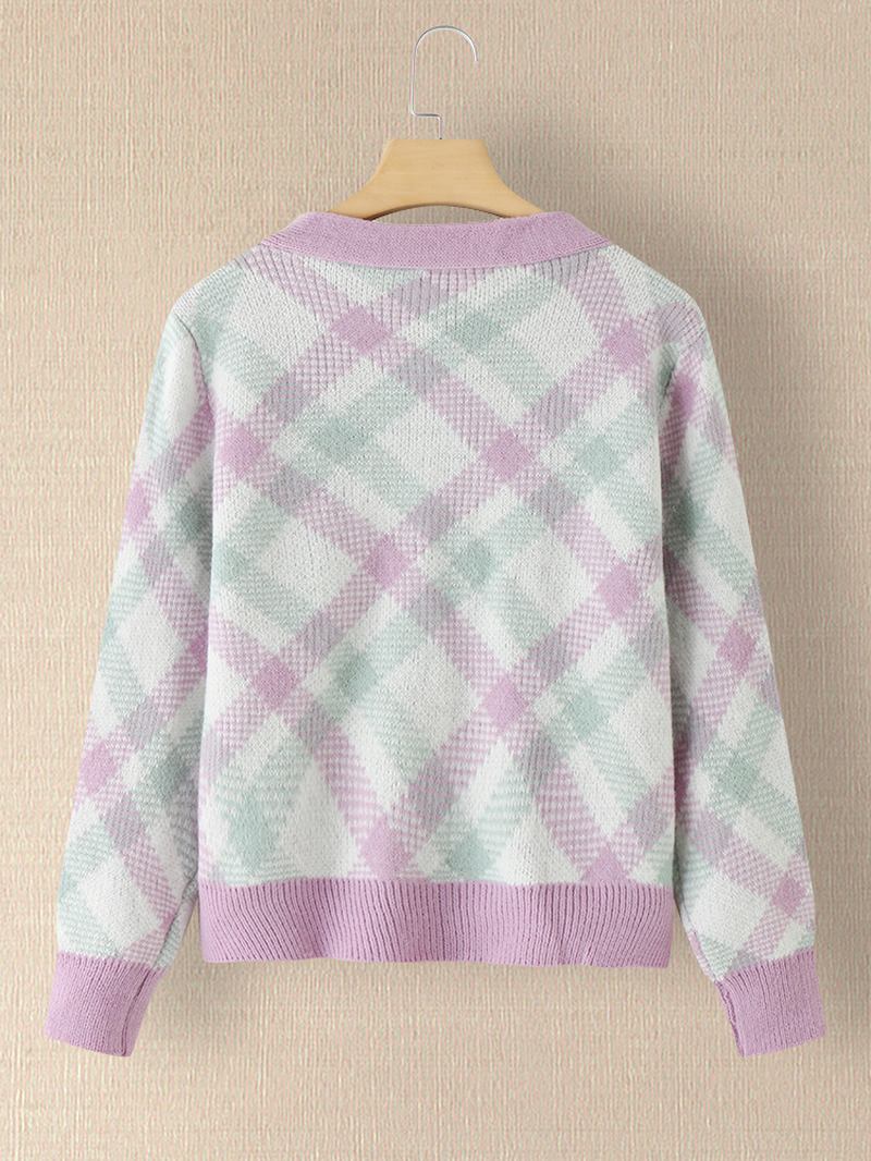 Dam Rutig V-ringad Stickad Elastisk Manschett Färg Block Cardigan