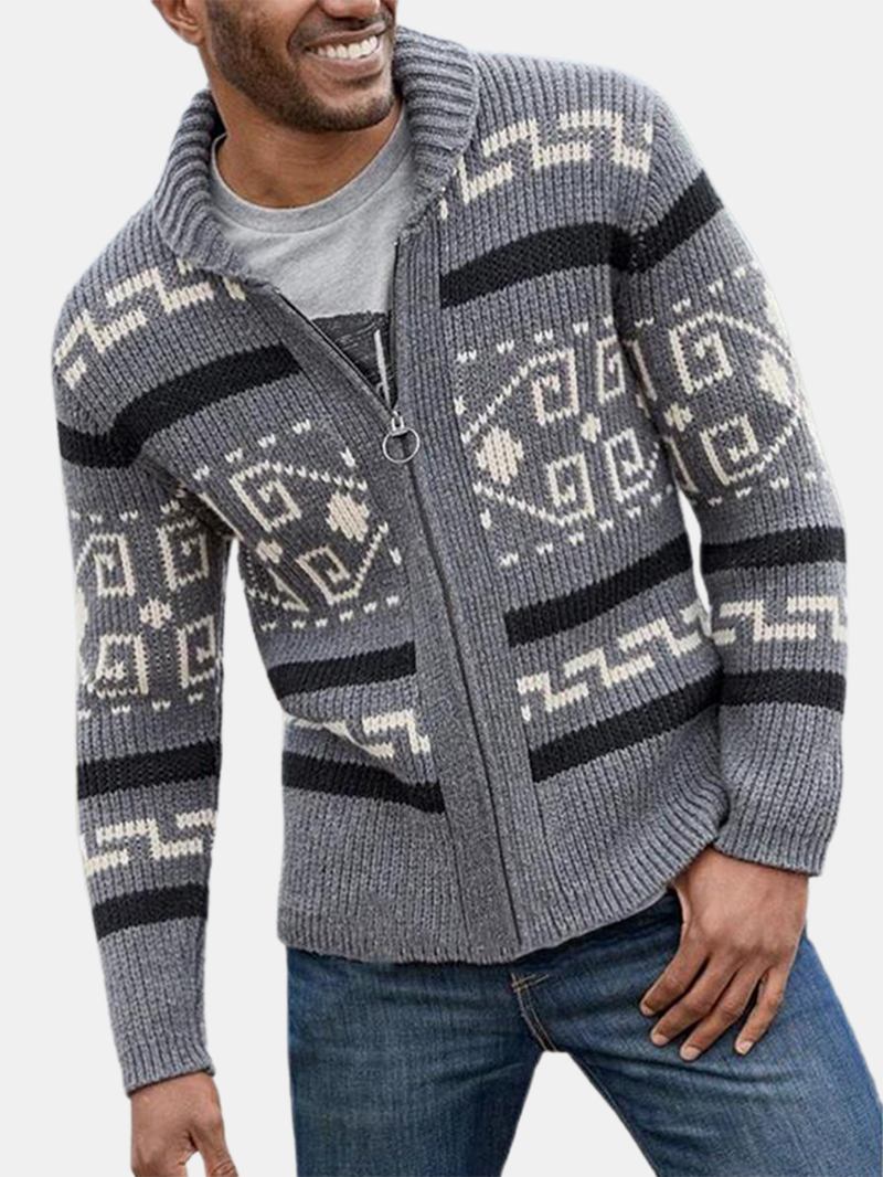 Etniskt Tryck För Män Med Dragkedja Stickad Casual Slim Fit Långärmad Cardigan Tröja