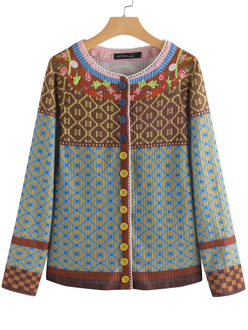 Etniskt Tryck Patchwork Långärmade Cardigans För Kvinnor