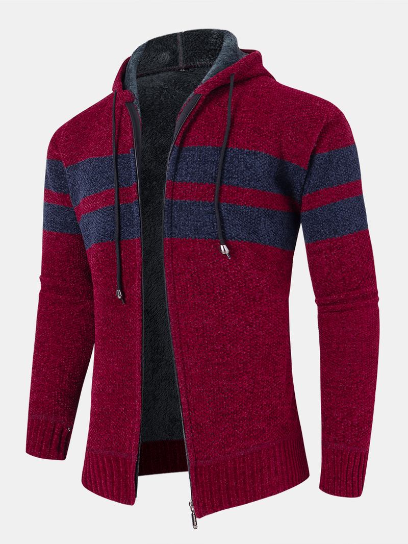 Herr Colorblock Stickad Zipper Warm Hood Sweater Cardigans