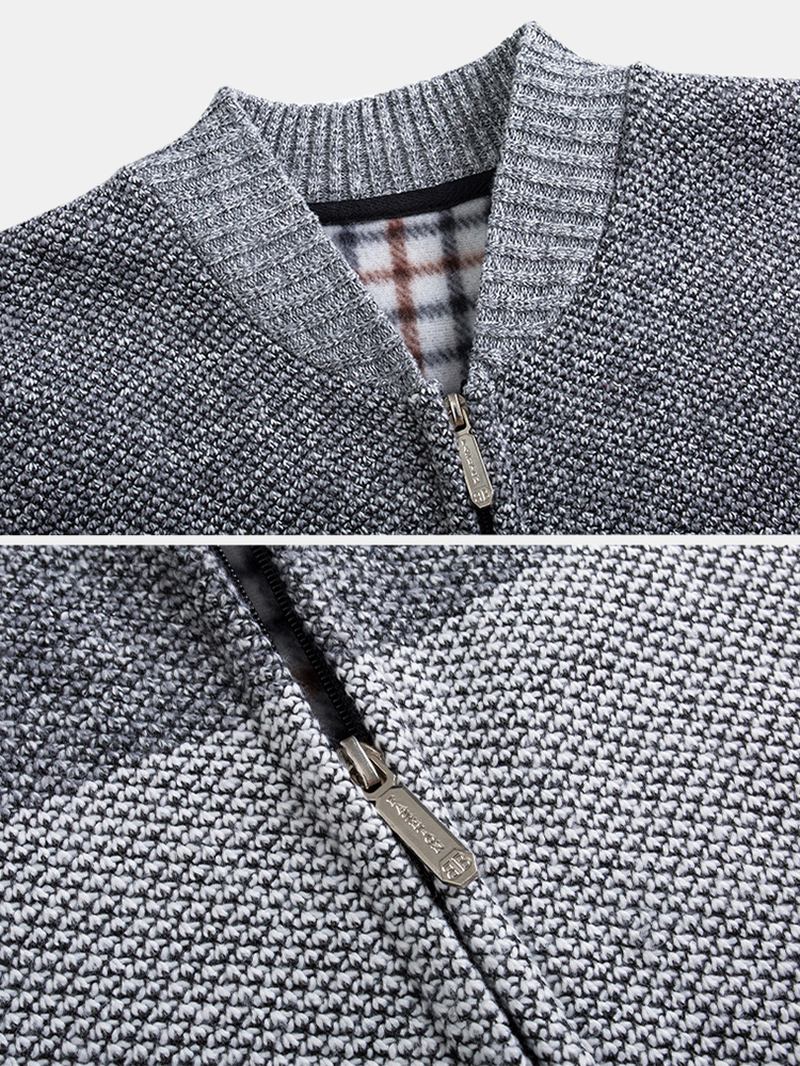 Herr Färg Block Patchwork Ribstickad Dragkedja Fram Bomullskoftor Med Ficka