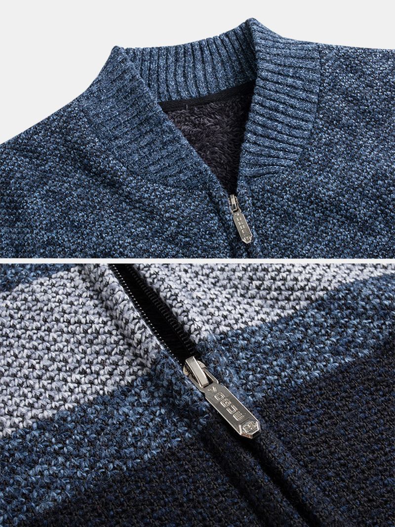 Herr Patchwork Zip Rib-stickade Plyschfodrade Bomullskoftor Med Ficka