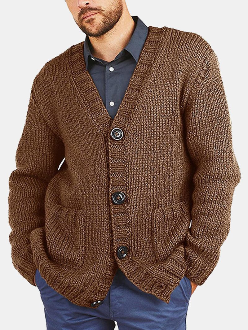 Herr Vintage Stickad Knapp V-hals Dubbla Fickor Casual Cardigans