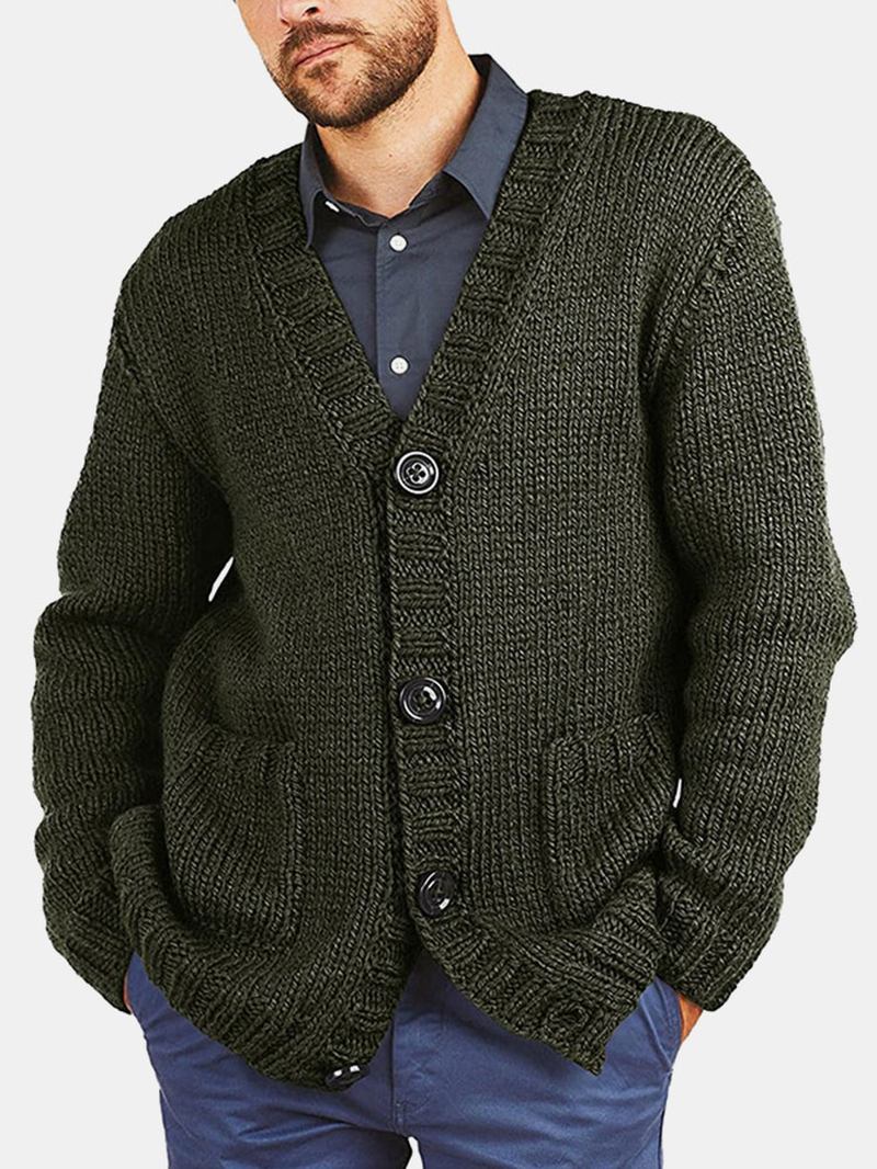 Herr Vintage Stickad Knapp V-hals Dubbla Fickor Casual Cardigans