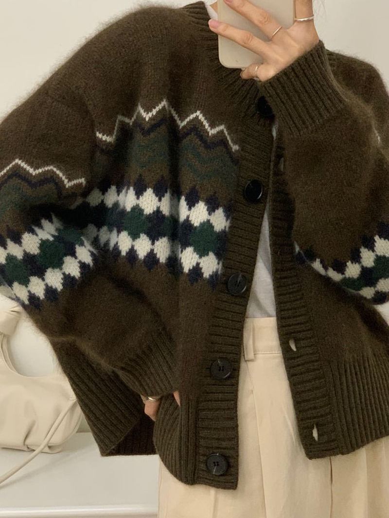 Jacquard Geometrisk Mörk Färg O-hals Stickad Cardigan För Kvinnor