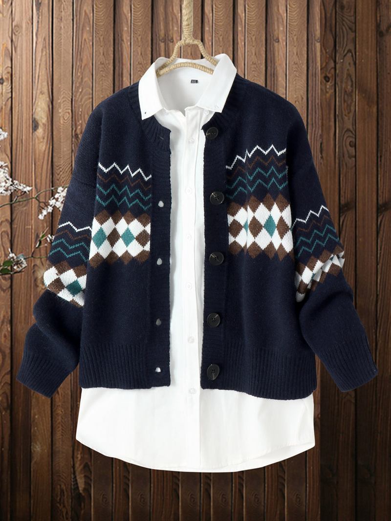 Jacquard Geometrisk Mörk Färg O-hals Stickad Cardigan För Kvinnor