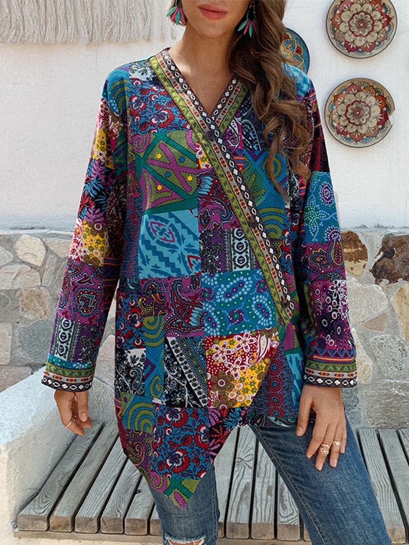 Kvinnor Retro Blommönster Patchwork Långärmad Oregelbunden Bomull Etnisk Stil Vintage Cardigans
