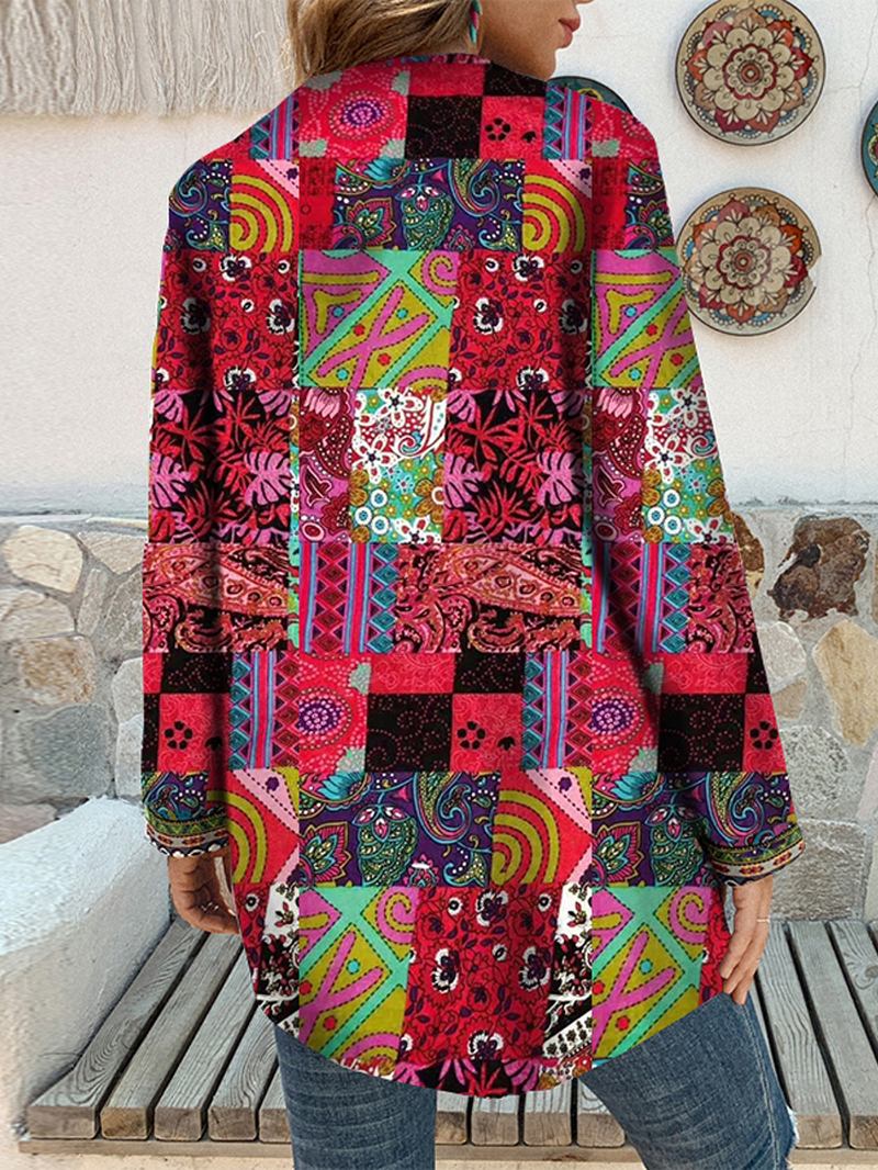 Kvinnor Retro Blommönster Patchwork Långärmad Oregelbunden Bomull Etnisk Stil Vintage Cardigans