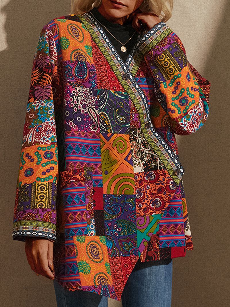 Kvinnor Retro Blommönster Patchwork Långärmad Oregelbunden Bomull Etnisk Stil Vintage Cardigans