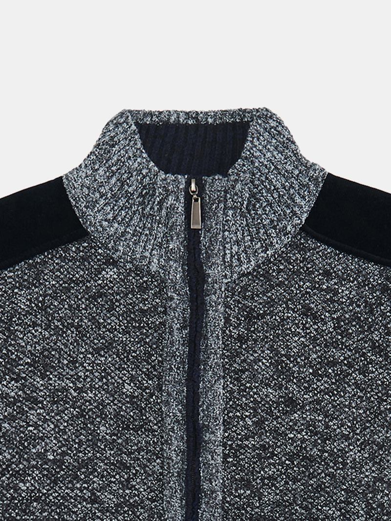 Män Patchwork Zip Front Stickad Patchad Ärm Varma Cardigans
