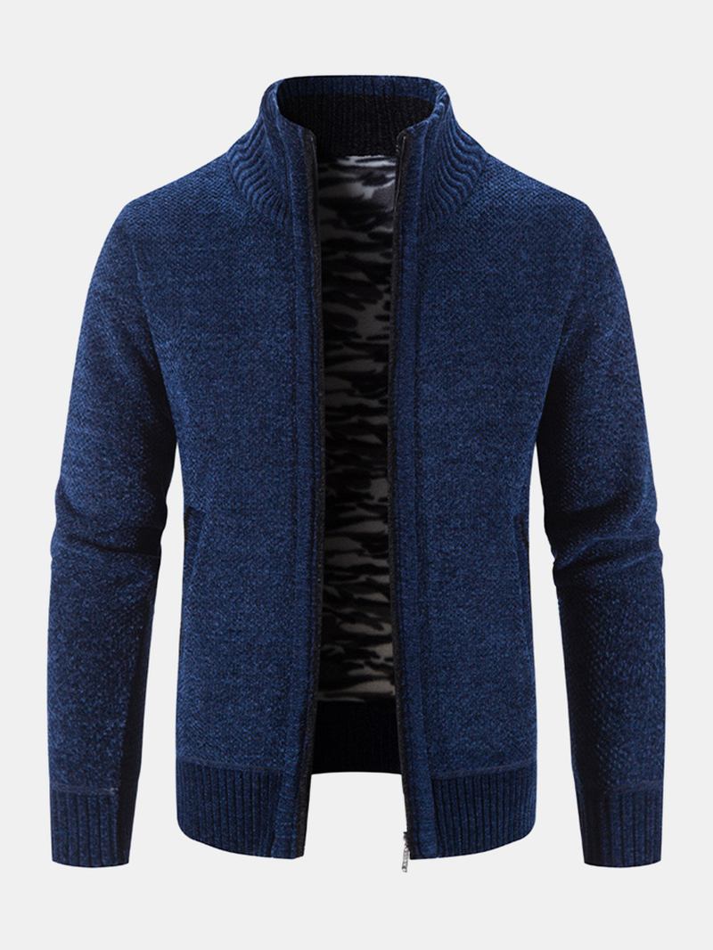 Män Stickade Plus Sammet Elastiska Fållfickor Dragkedja Pure Solid Sweater Cardigans