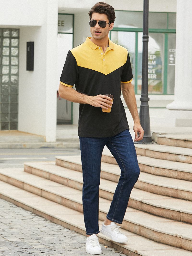 Herr Bomull Patchwork Button Closure Business Golfskjortor