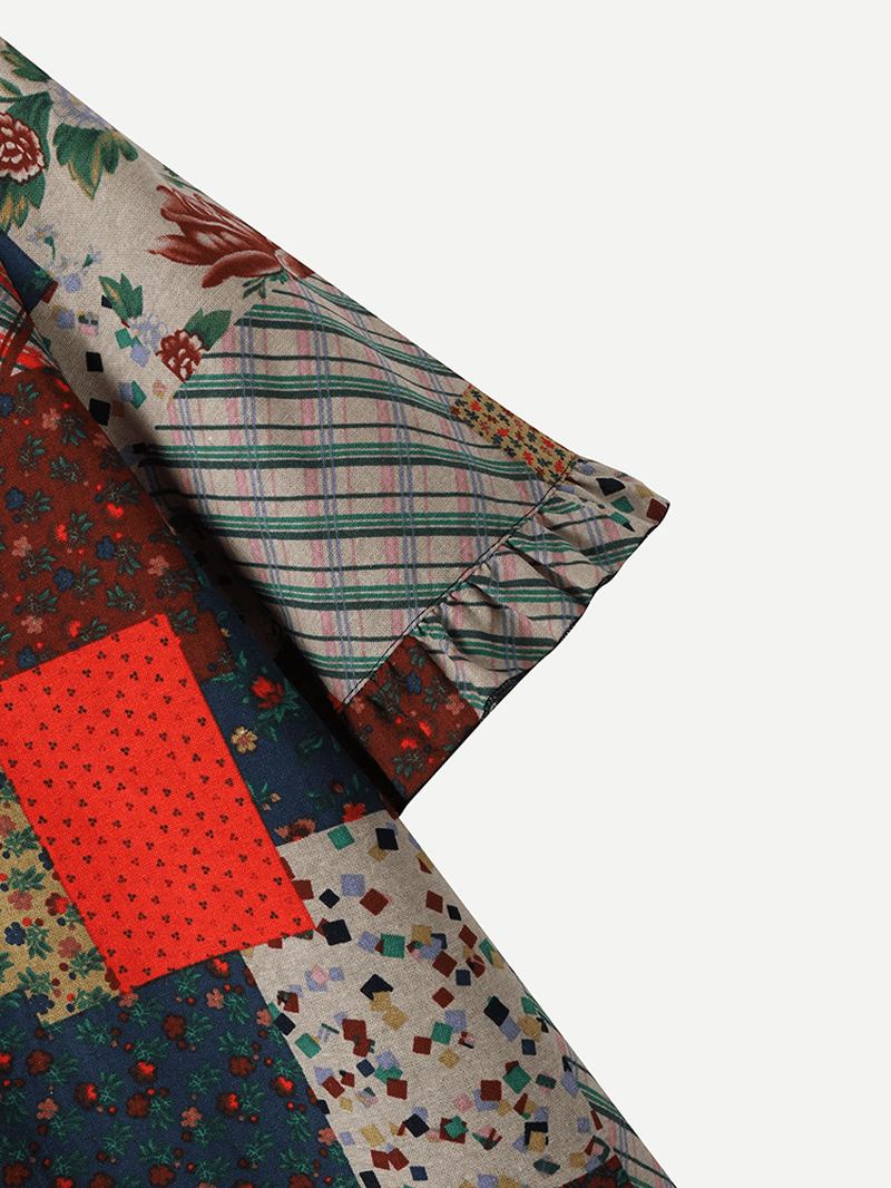 100% Bomull Patchwork Tryckt Casual Blus För Kvinnor