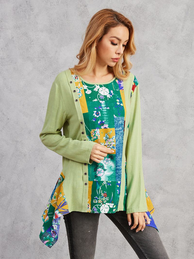 Blommönster Oregelbunden Fåll Patchwork Långärmad Blus Med O-ringad Hals